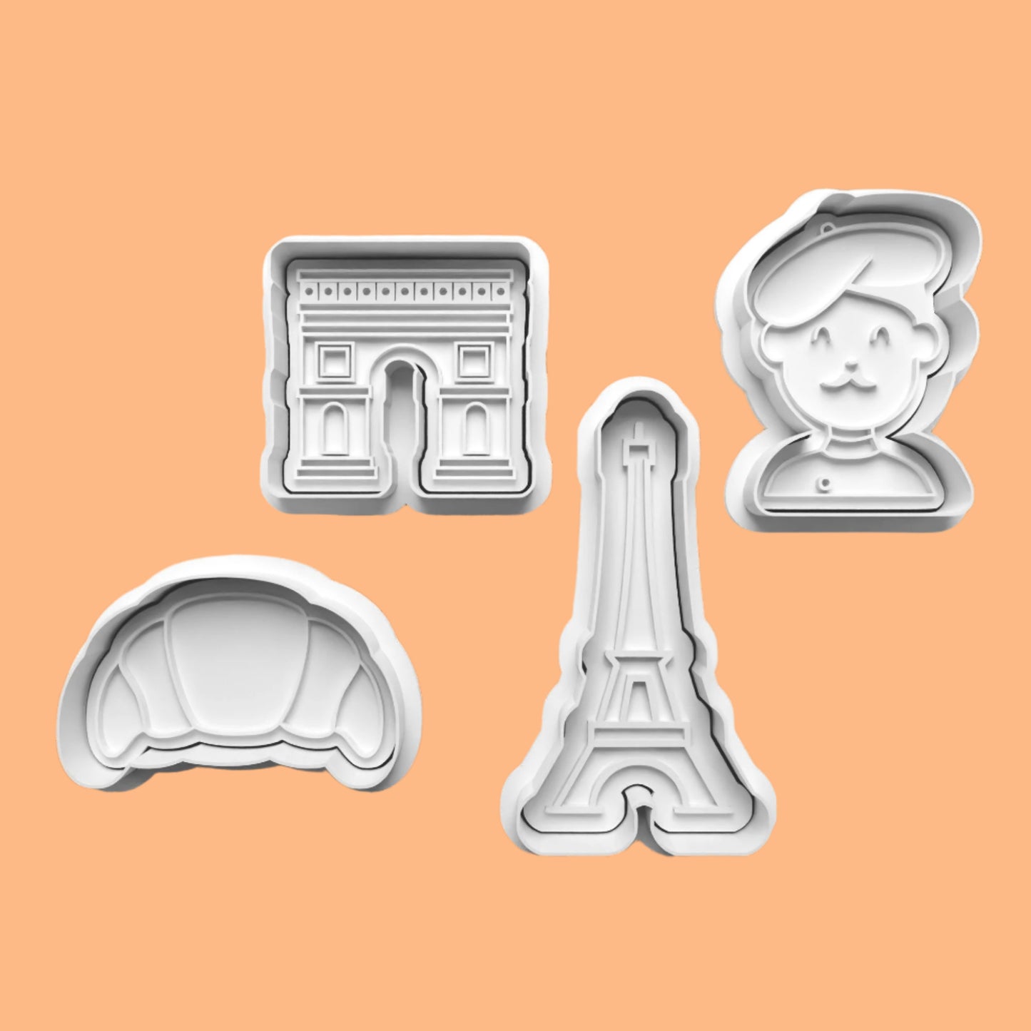 Paris Scenery Eiffel Tower complete Cookie Cutters and Embosser Set. Handmade gift item.