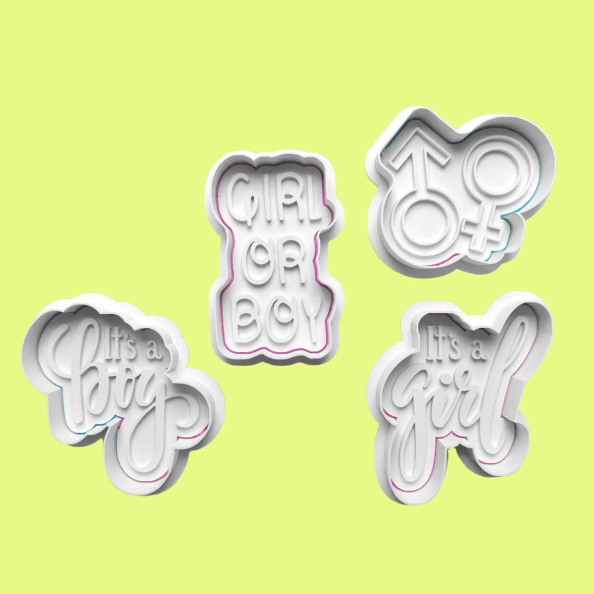 Gender Reveal Embosser and Cookie Cutter Set – 4-Piece Baby Shower Baking Tools.