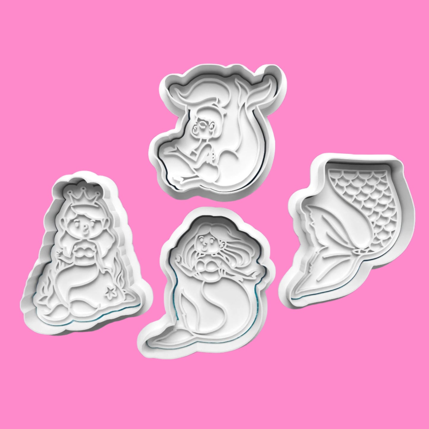 Mermaids Cookie Cutter and Embosser Set of 4 in 7cm or 10cm sizes.