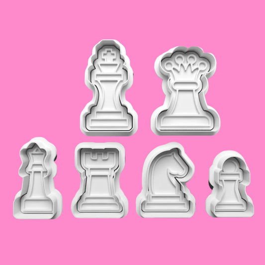 Chess Piece Cookie Cutter and Embosser Set of 6 in 7cm or 10cm sizes.