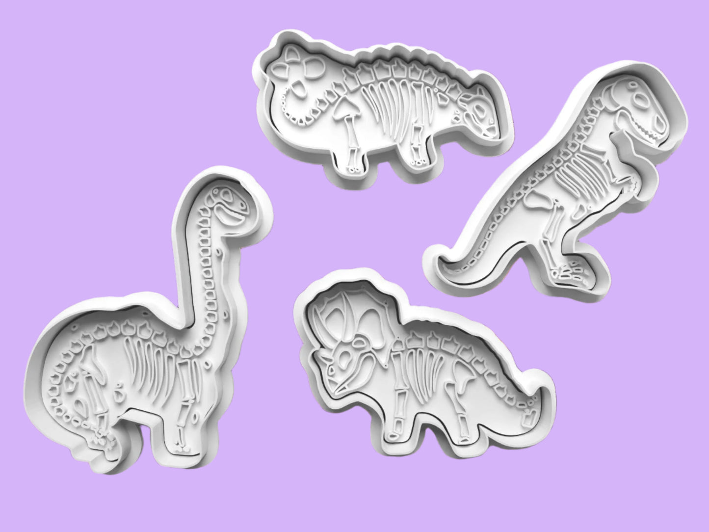 Dinosaur Skelton Bones Cookie Cutter and Embosser Set of 4 in 7cm or 10cm sizes.