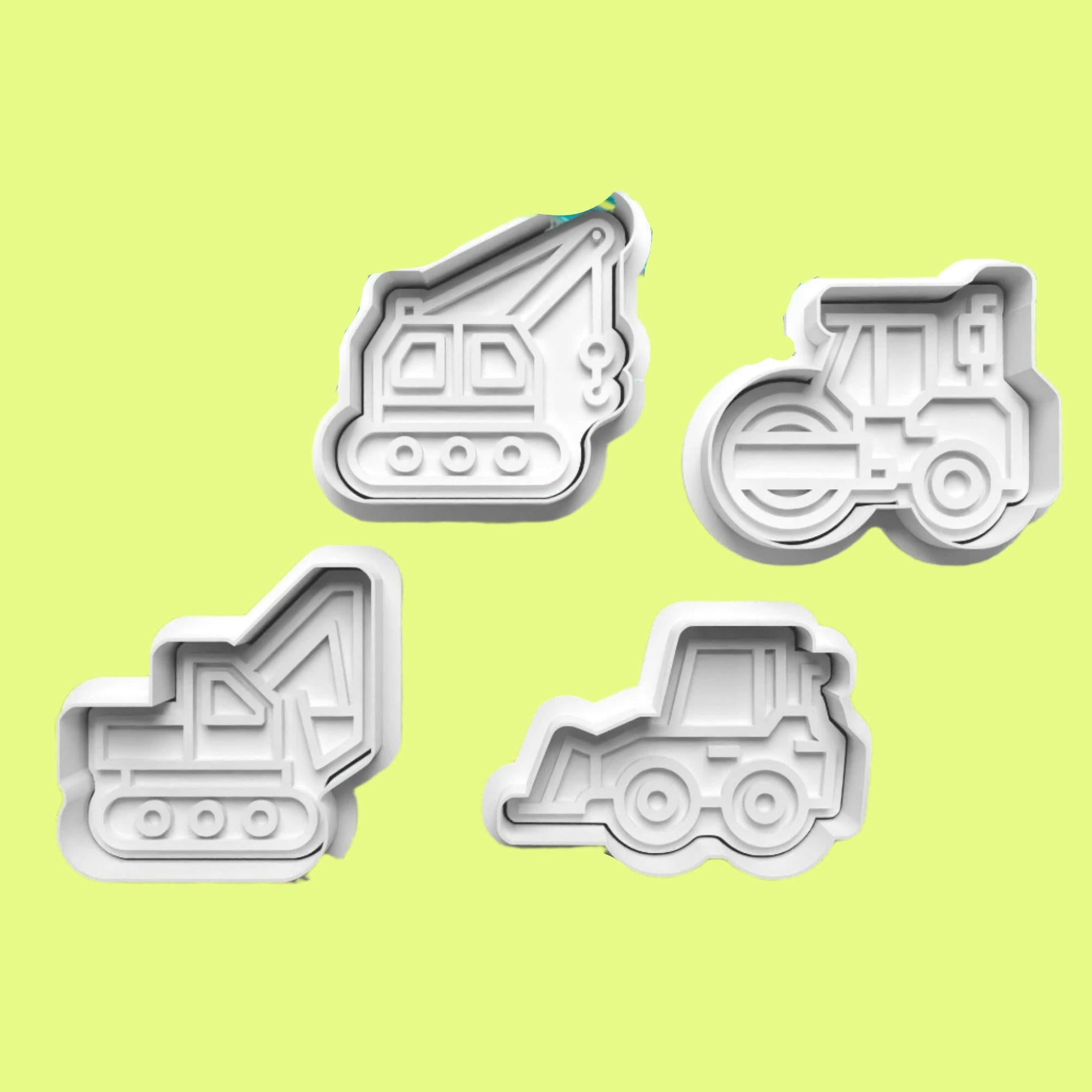 Construction Vehicles Embosser and Cookie Cutter Set – 4-Piece Construction-Themed Baking Tools.
