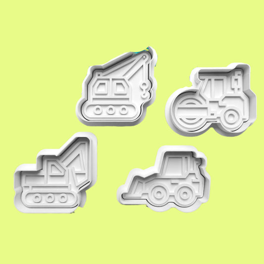 Construction Vehicles Embosser and Cookie Cutter Set – 4-Piece Construction-Themed Baking Tools