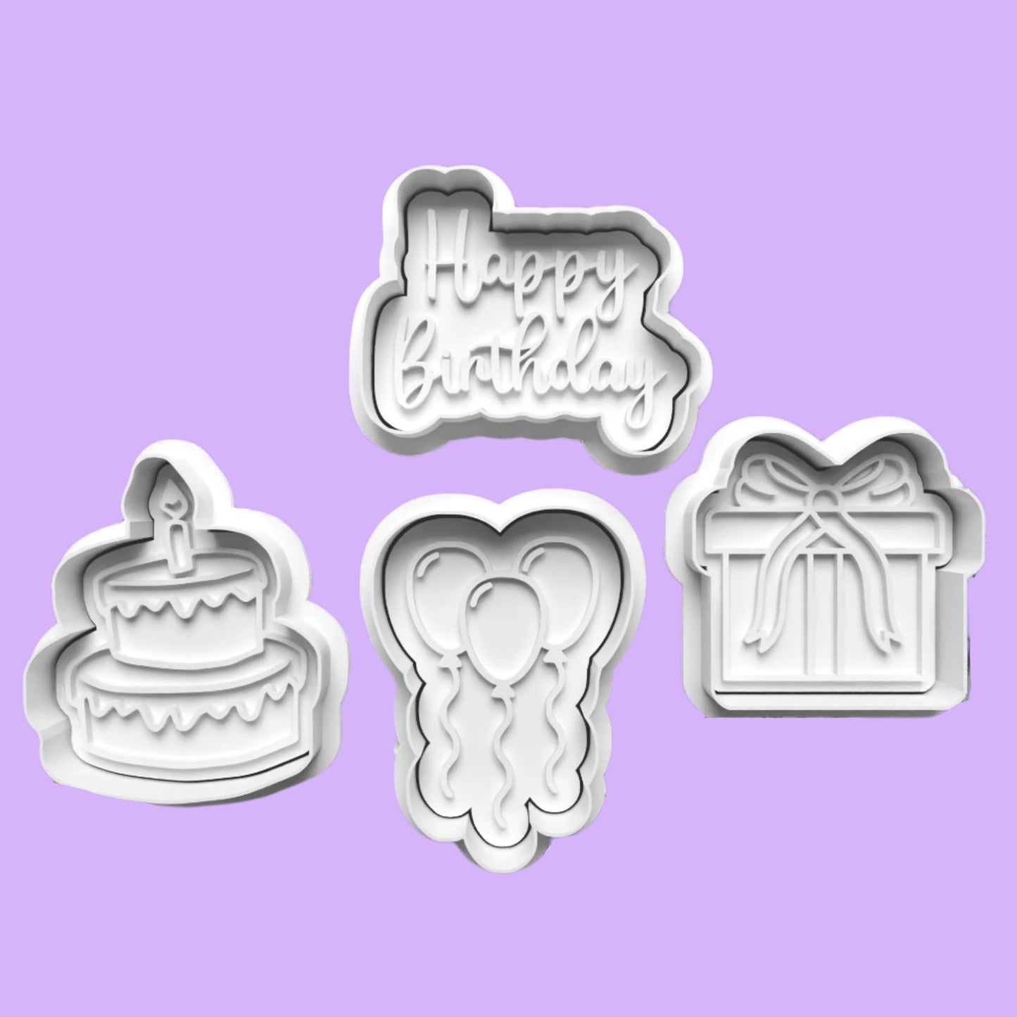 Happy Birthday Cookie Cutter and Embosser Set of 4 in 7cm or 10cm sizes.