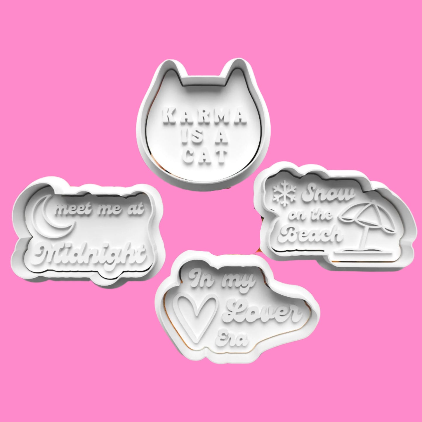 Taylor Swift Inspired Cookie Cutter and Embosser Set of 4 in 7cm or 10cm sizes.