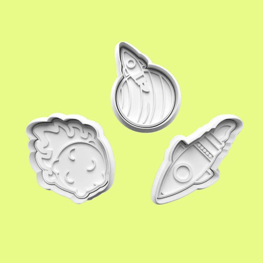 Rocket Spacecraft Cookie Cutter and Embosser Set of 4 in 7cm or 10cm sizes.