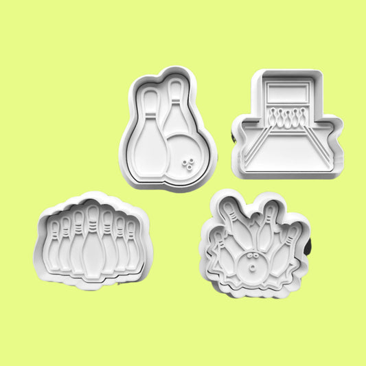 Ten Pin Bowling Cookie Cutter and Embosser Set of 4 in 7cm or 10cm sizes.