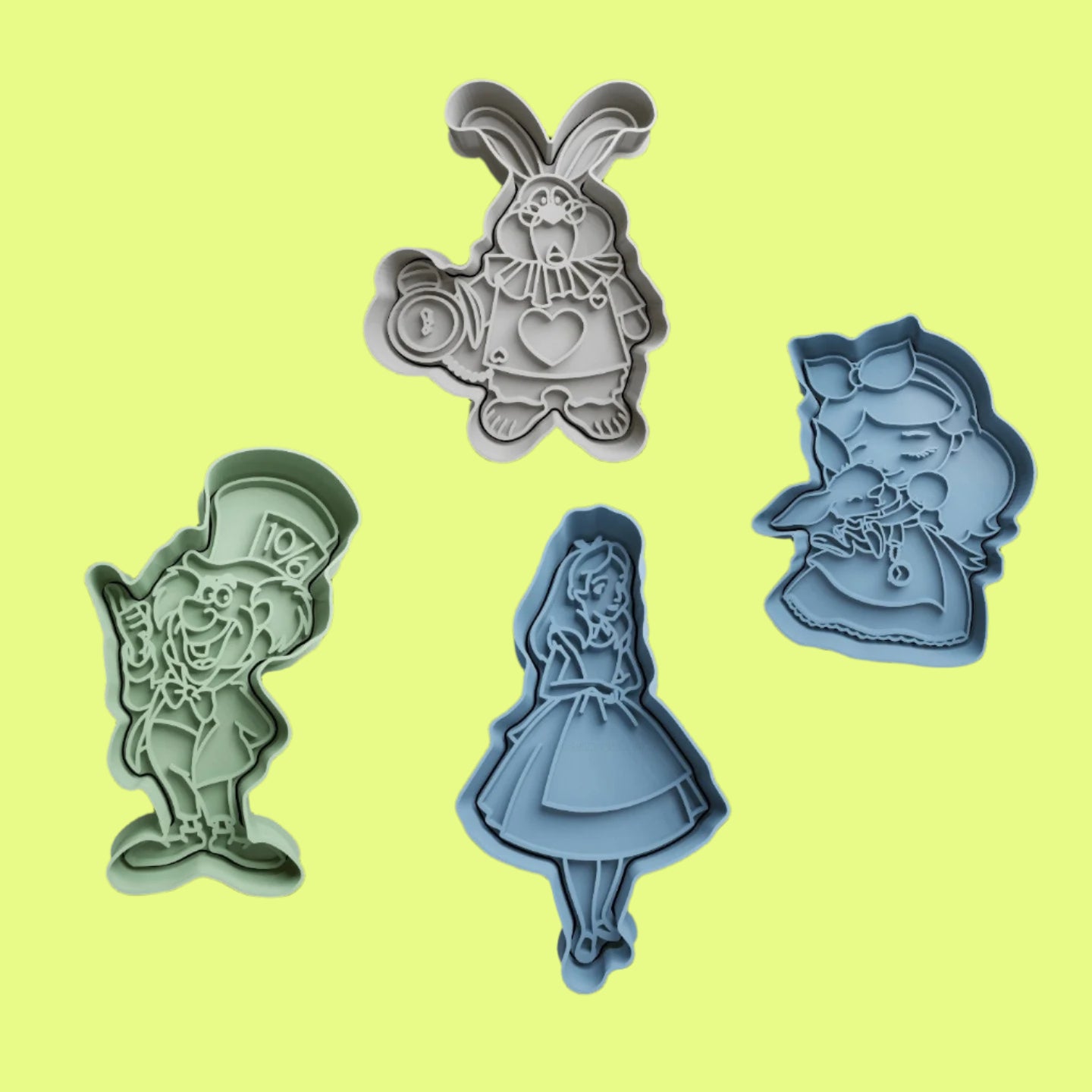 Alice in Wonderland Cookie Cutter and Embosser Set – Alice, Mad Hatter, White Rabbit Designs