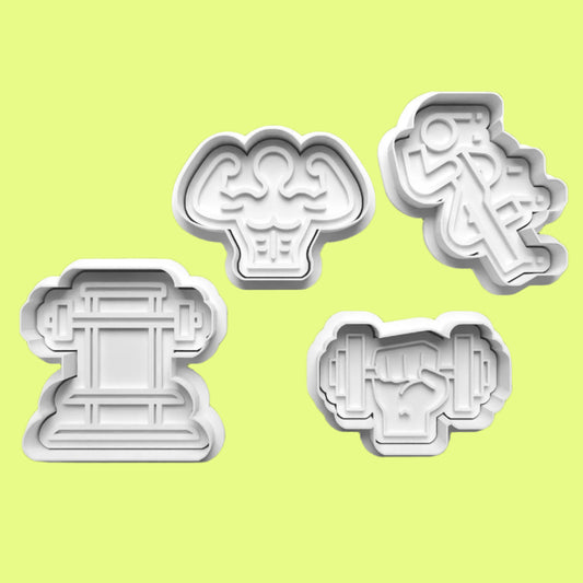 Gym Weightlifting Cookie Cutter and Embosser Stamp Set of 4 in 7cm or 10cm sizes.