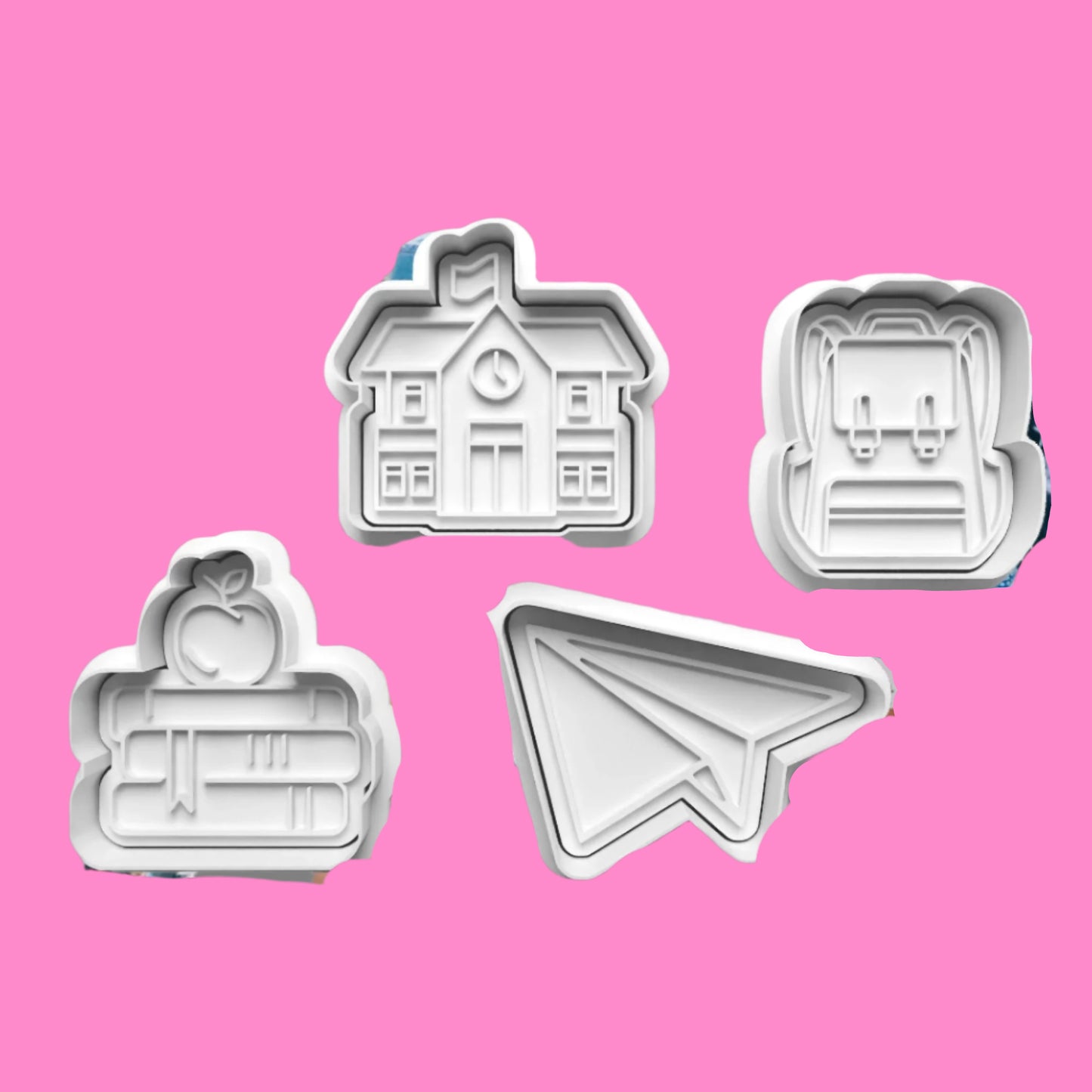 School Cookie Cutter and Embosser Stamp Set of 4 in 7cm or 10cm sizes.