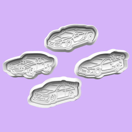 Race Car  Cookie Cutter and Embosser Stamp Set in 7cm or 10cm sizes.