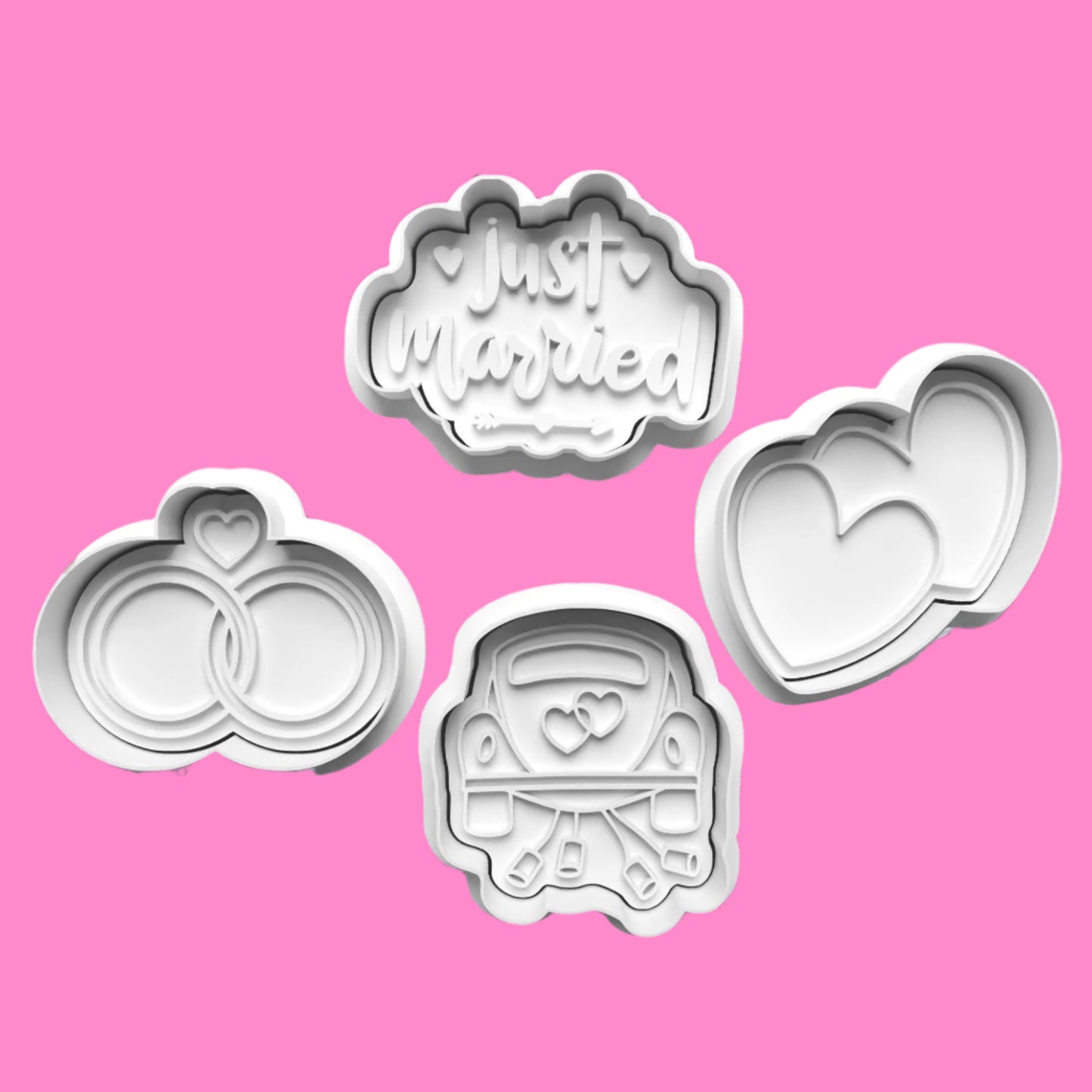 Just Married Wedding Cookie Cutter and Embosser Stamp Set in 7cm or 10cm sizes.