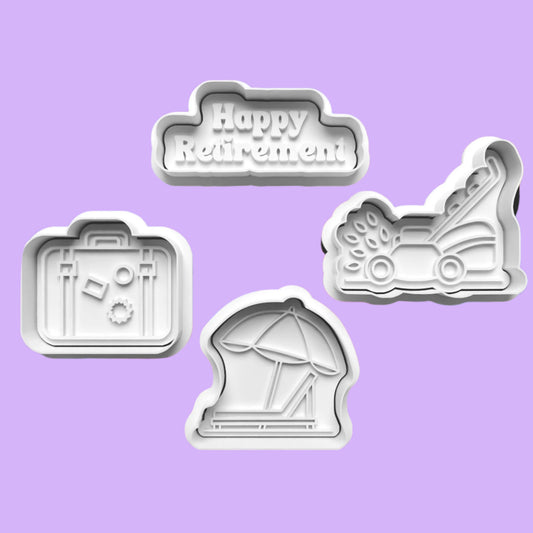 Happy Retirement Cookie Cutter and Embosser Stamp Set in 7cm or 10cm sizes.