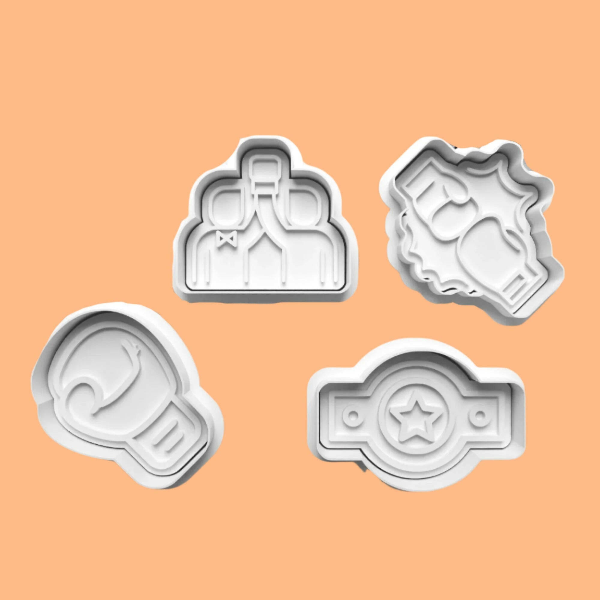 Boxing-Themed Embosser and Cookie Cutter Set – 4-Piece Sports Baking Tools.