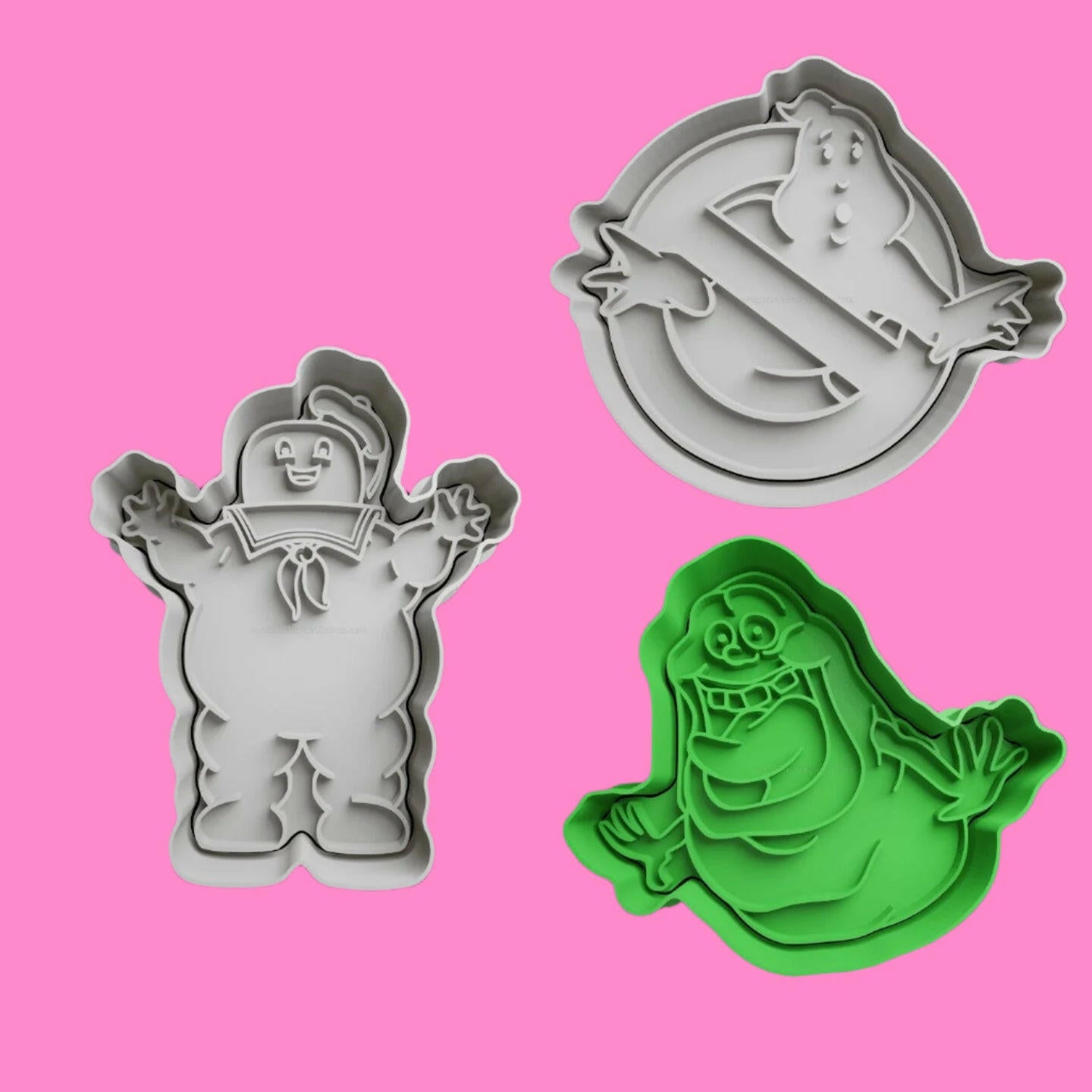Ghostbuster Logo Slimer and Stay Puft Cookie Cutter and Embosser Stamp Complete Set.