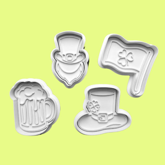 Ireland St Patricks Day Inspired Cookie Cutter and Embosser Stamp Set of 4 in 7cm or 10cm sizes.