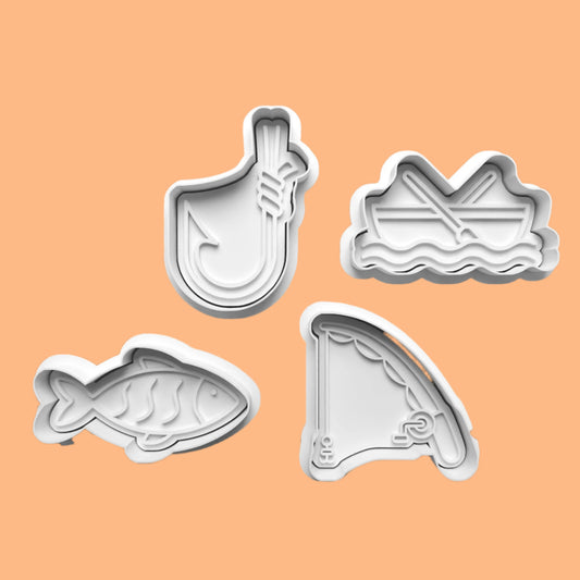 Fishing Cookie Cutter and Embosser Stamp Set in 7cm or 10cm sizes.