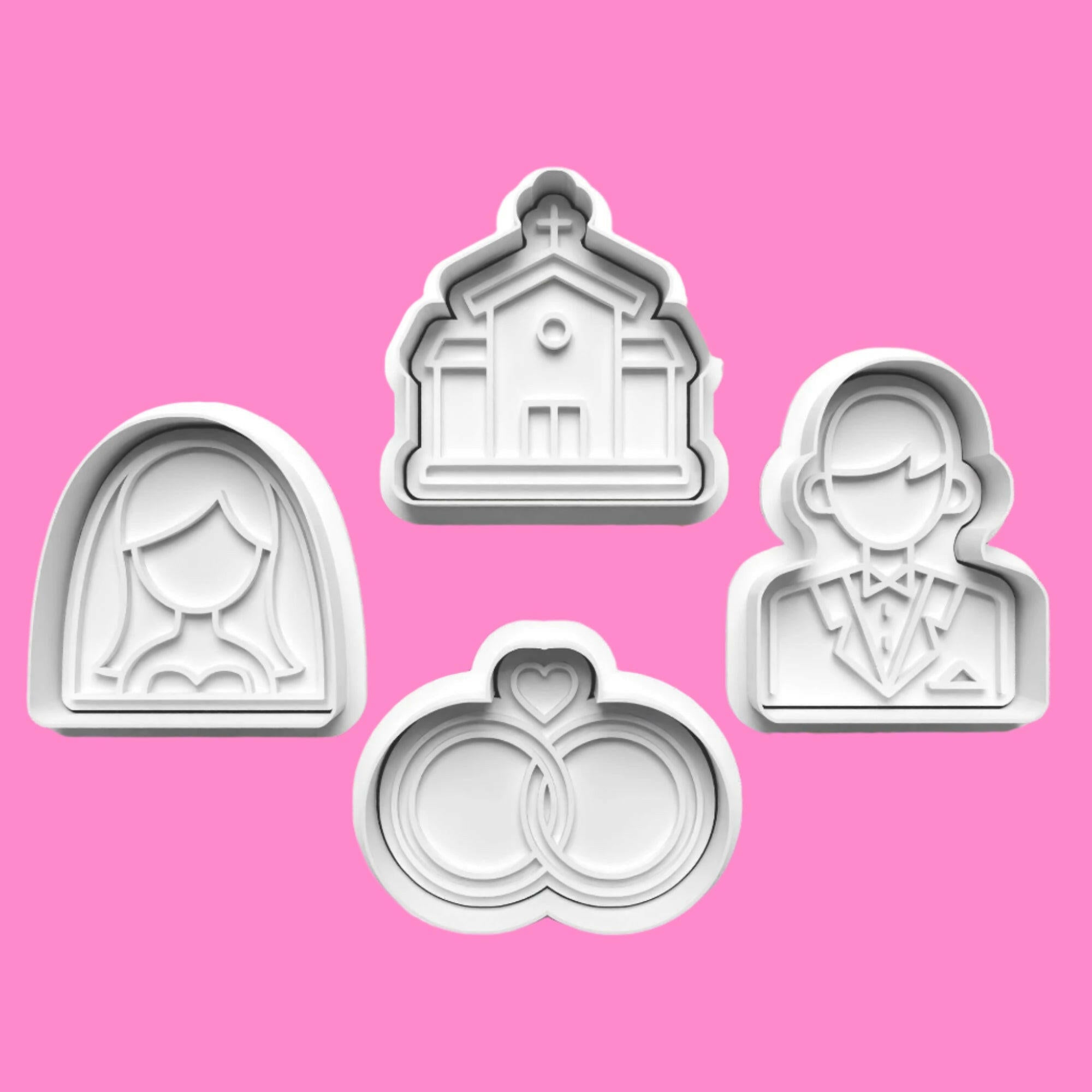 Wedding Day Bride Groom Cookie Cutter and Embosser Stamp Set in 7cm or 10cm sizes..