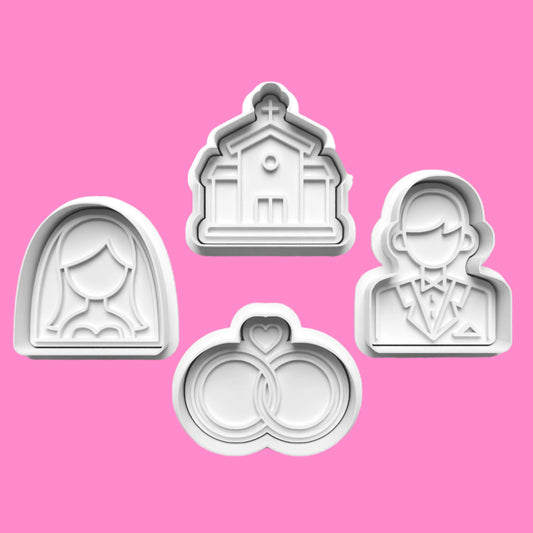 Wedding Day Bride Groom Cookie Cutter and Embosser Stamp Set in 7cm or 10cm sizes.