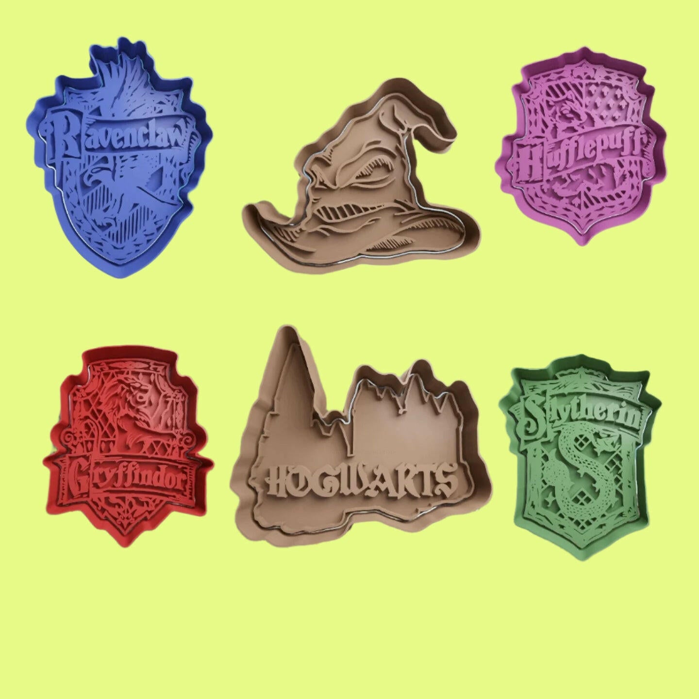 Harry Potter-Inspired Embosser and Cookie Cutter Set – House Badges, Sorting Hat, and Hogwarts Crest.