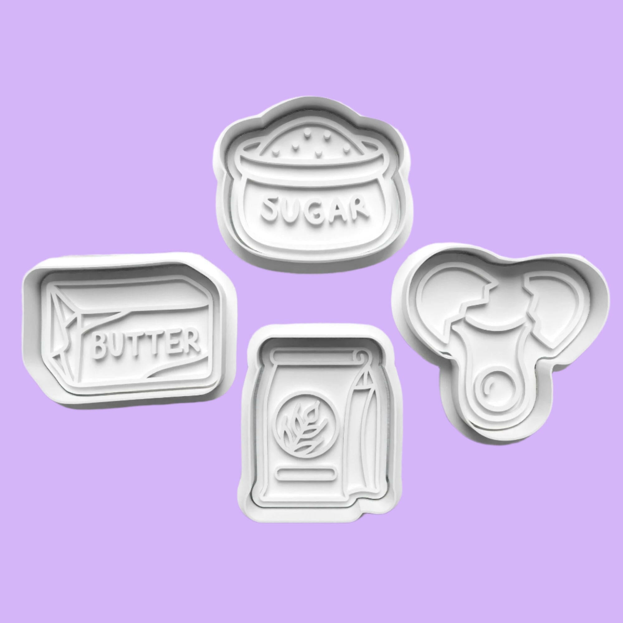 Baking Ingredient-Themed Embosser and Cookie Cutter Set – Set of 4.