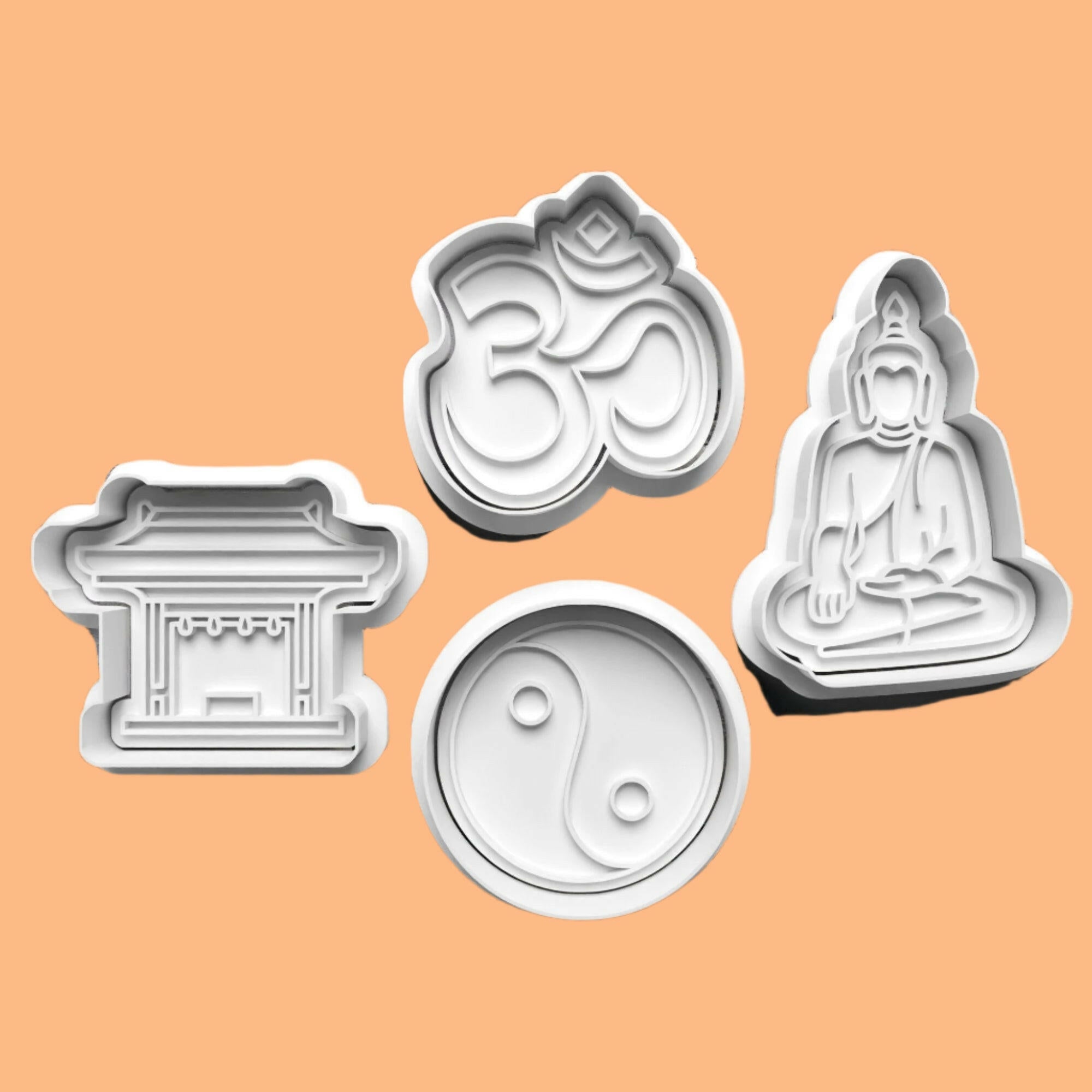 Buddhism-Inspired Embosser and Cookie Cutter Set – 4-Piece Spiritual Baking Tools.
