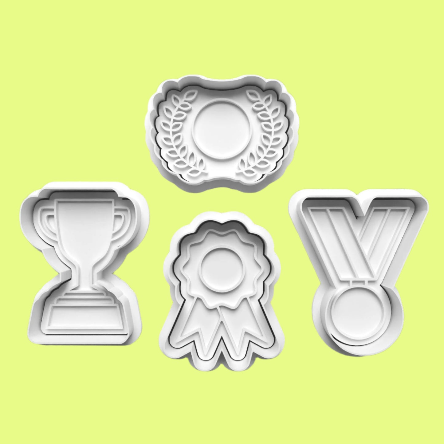 Trophy Medal Sports Day Cookie Cutter and Embosser Stamp Set in 7cm or 10cm sizes.