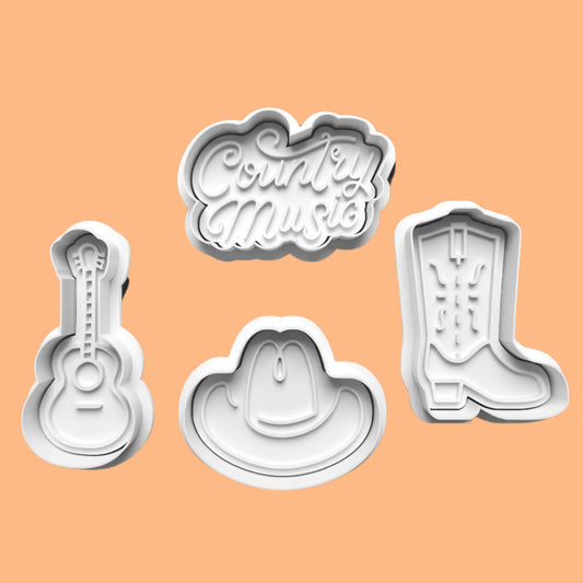 Country and Western-Themed Cookie Cutter Set – Cowboy Hat, Boot, Guitar, and Font Embosser