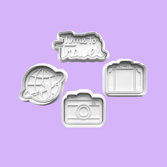 Travel Adventure Cookie Cutter and Embosser Stamp Set in 7cm or 10cm sizes.