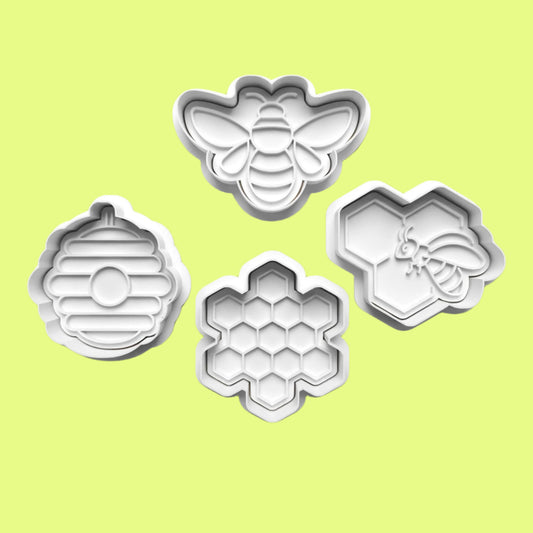 Honey-Bee Cookie Cutter and Embosser Set of 4 in 7cm or 10cm sizes.