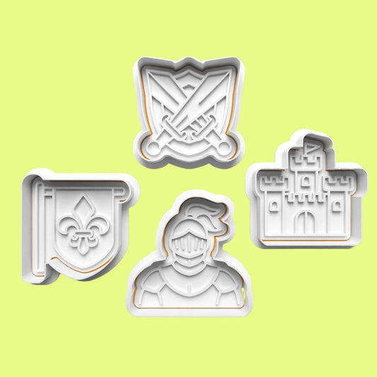 Knight and Castle Cookie Cutter and Embosser Stamp Set in 7cm or 10cm sizes.