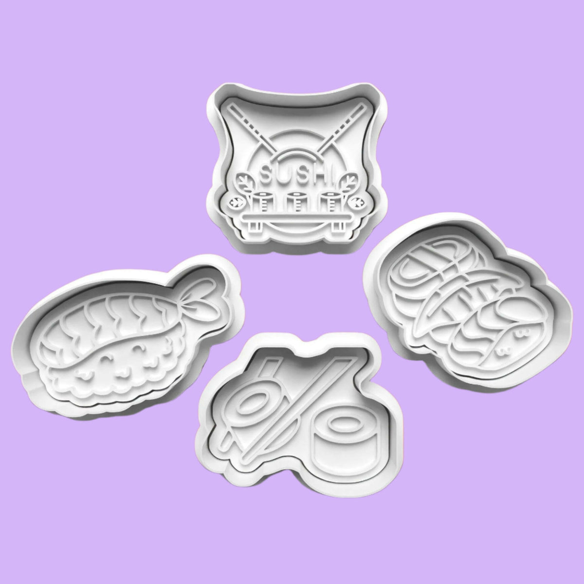 Sushi Cookie Cutter and Embosser Stamp Set in 7cm or 10cm sizes..