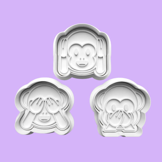 See No Hear No Speak No Monkey Cookie Cutter and Embosser Stamp Set. Handmade gift item.