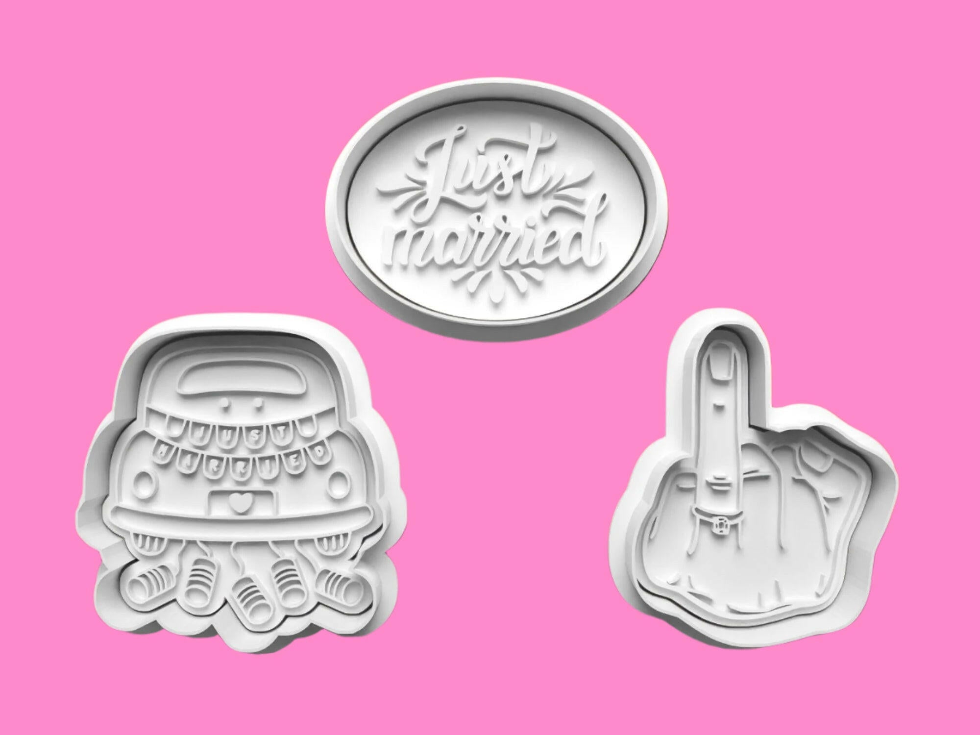 Just Married Cookie Cutter and Embosser Set. Handmade gift item..