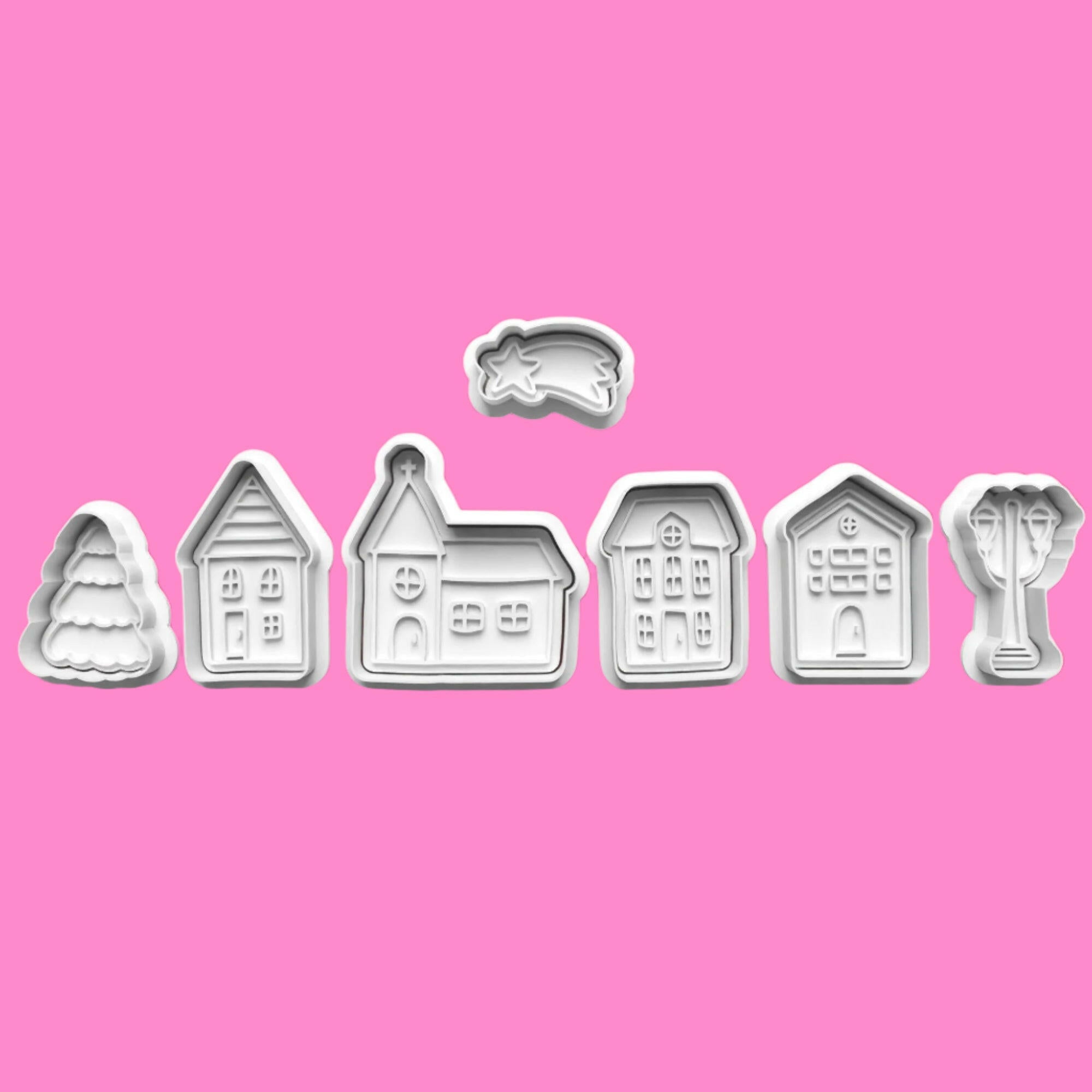 Christmas Town Scene Cookie Cutter Set – 7-Piece Holiday Baking Collection.