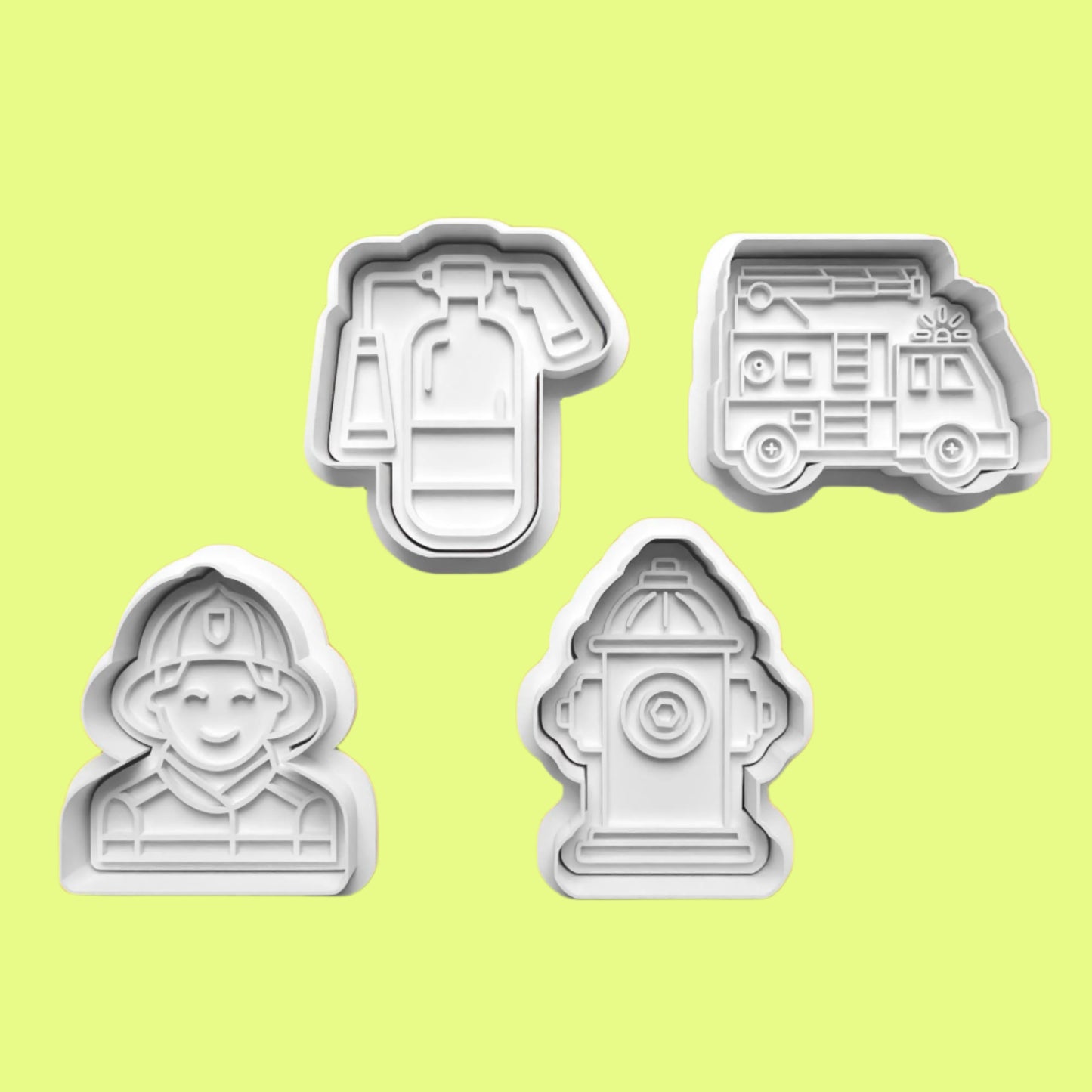 Fire Department Cookie Cutter and Embosser Set of 4 in 7cm or 10cm sizes.