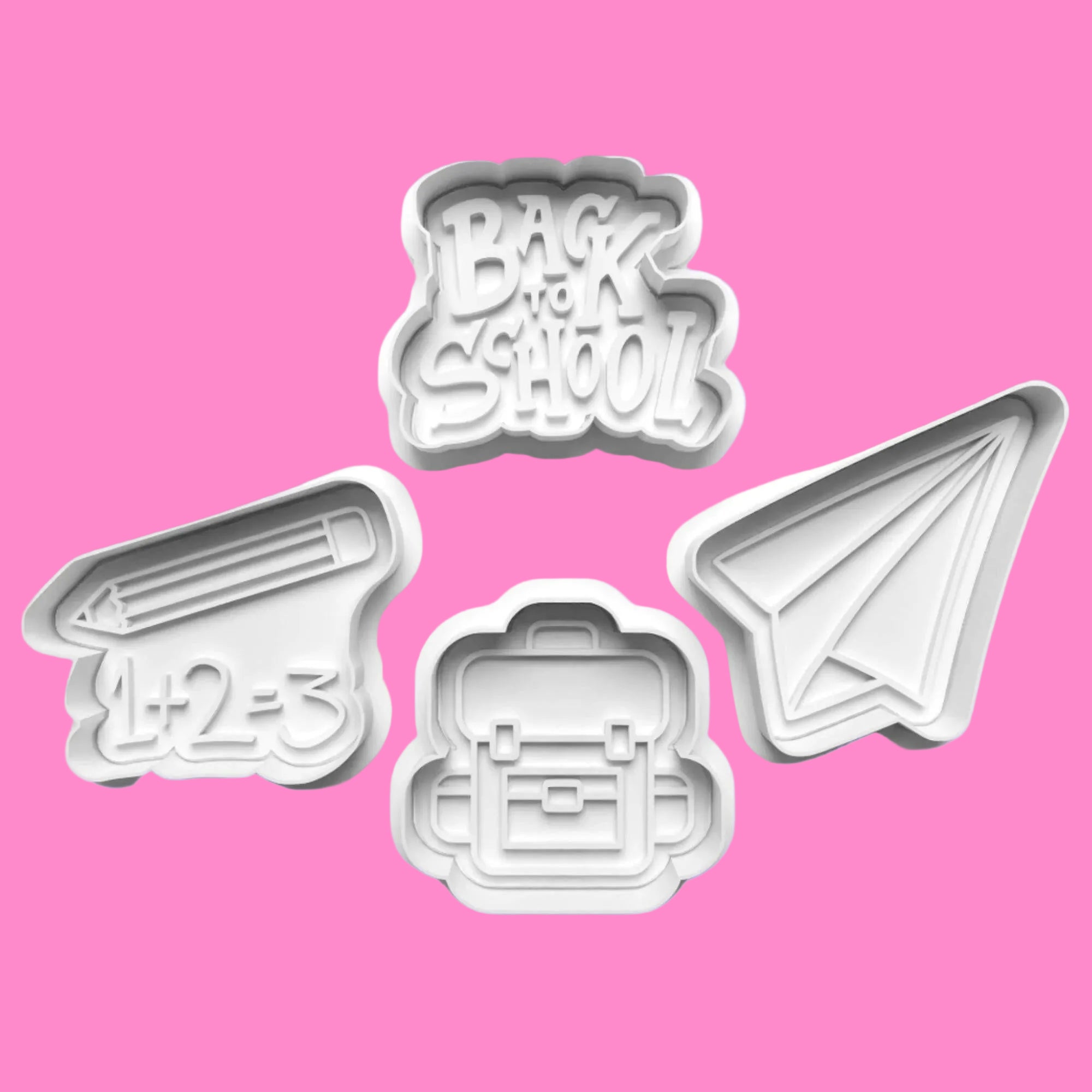 Back-to-School Embosser and Cookie Cutter Set – Paper Plane, Satchel, Numbers, Pencil Designs.