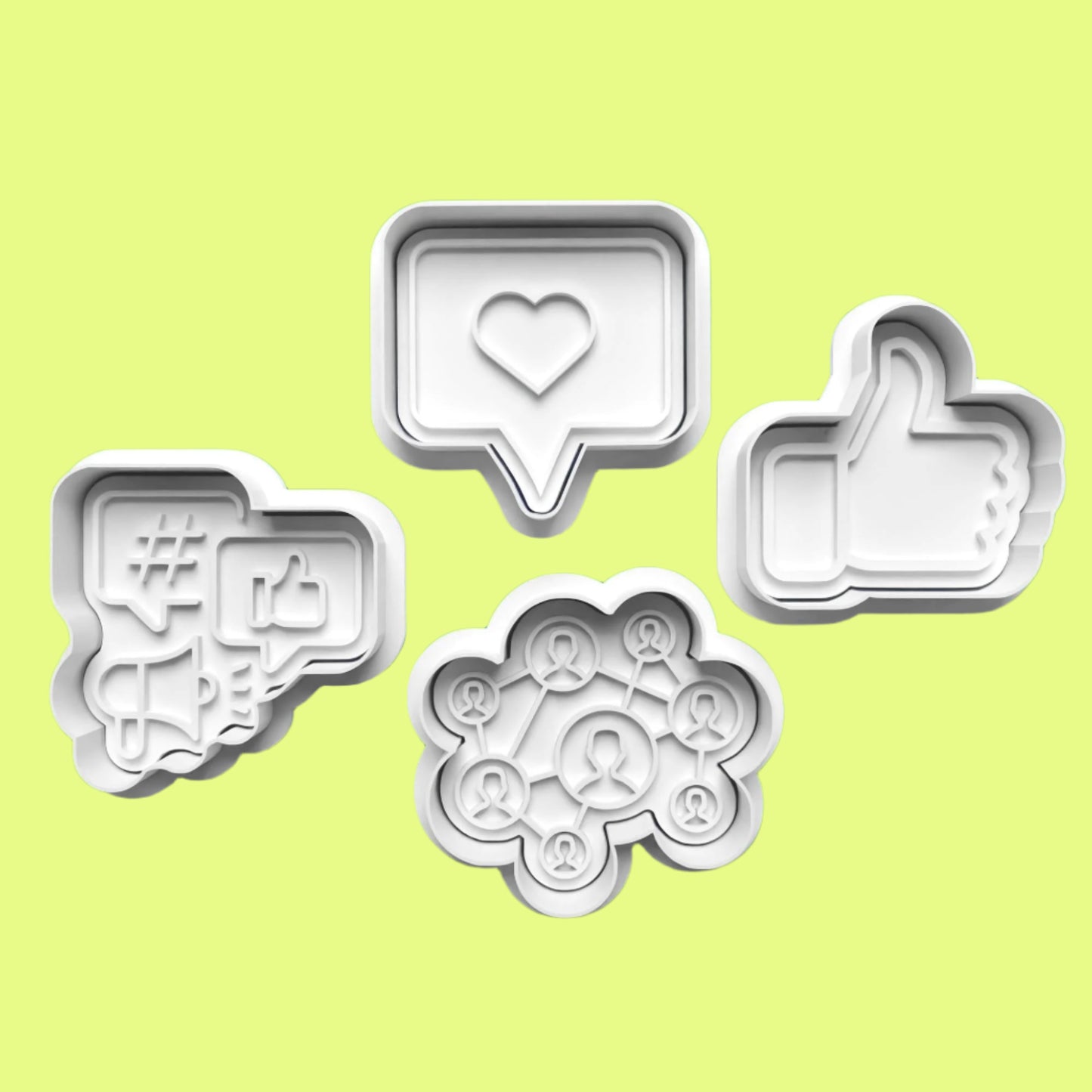 Social Media Cookie Cutter and Embosser Set of 4 in 7cm or 10cm sizes.