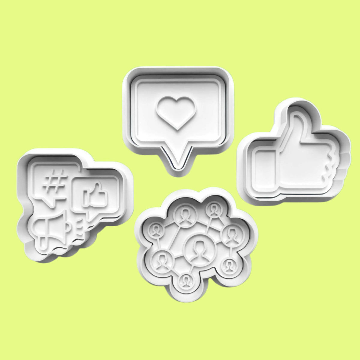 Social Media Cookie Cutter and Embosser Set of 4 in 7cm or 10cm sizes..