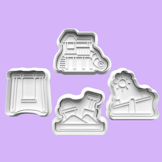 Playground Cookie Cutter and Embosser Set of 4 in 7cm or 10cm sizes.