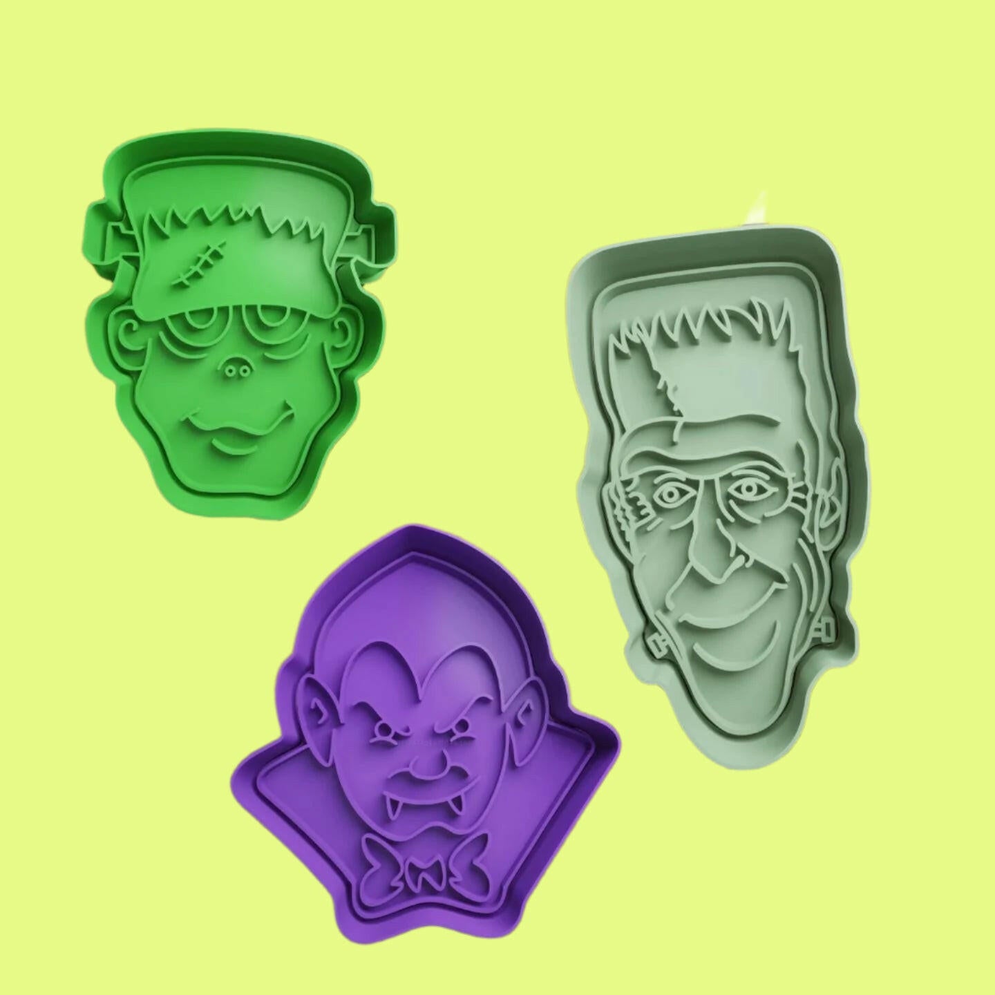 Hallloween Frankenstien Dracula Herman Munster Cookie Cutter and Embosser Stamp Complete Set.