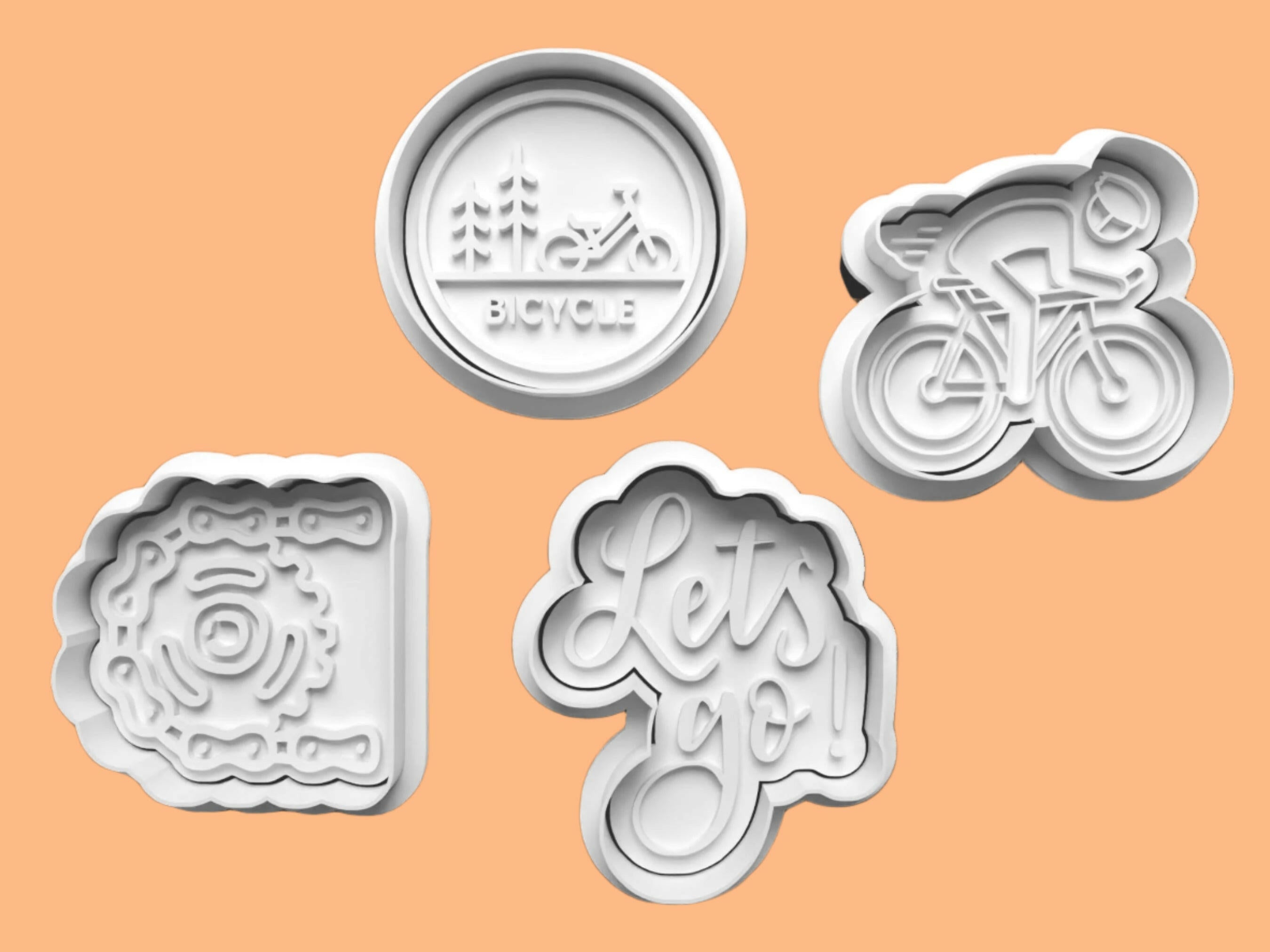 Cycling Chain Gang Cookie Cutter and Embosser Stamp Set – 4-Piece Cycling-Themed Baking Tools.
