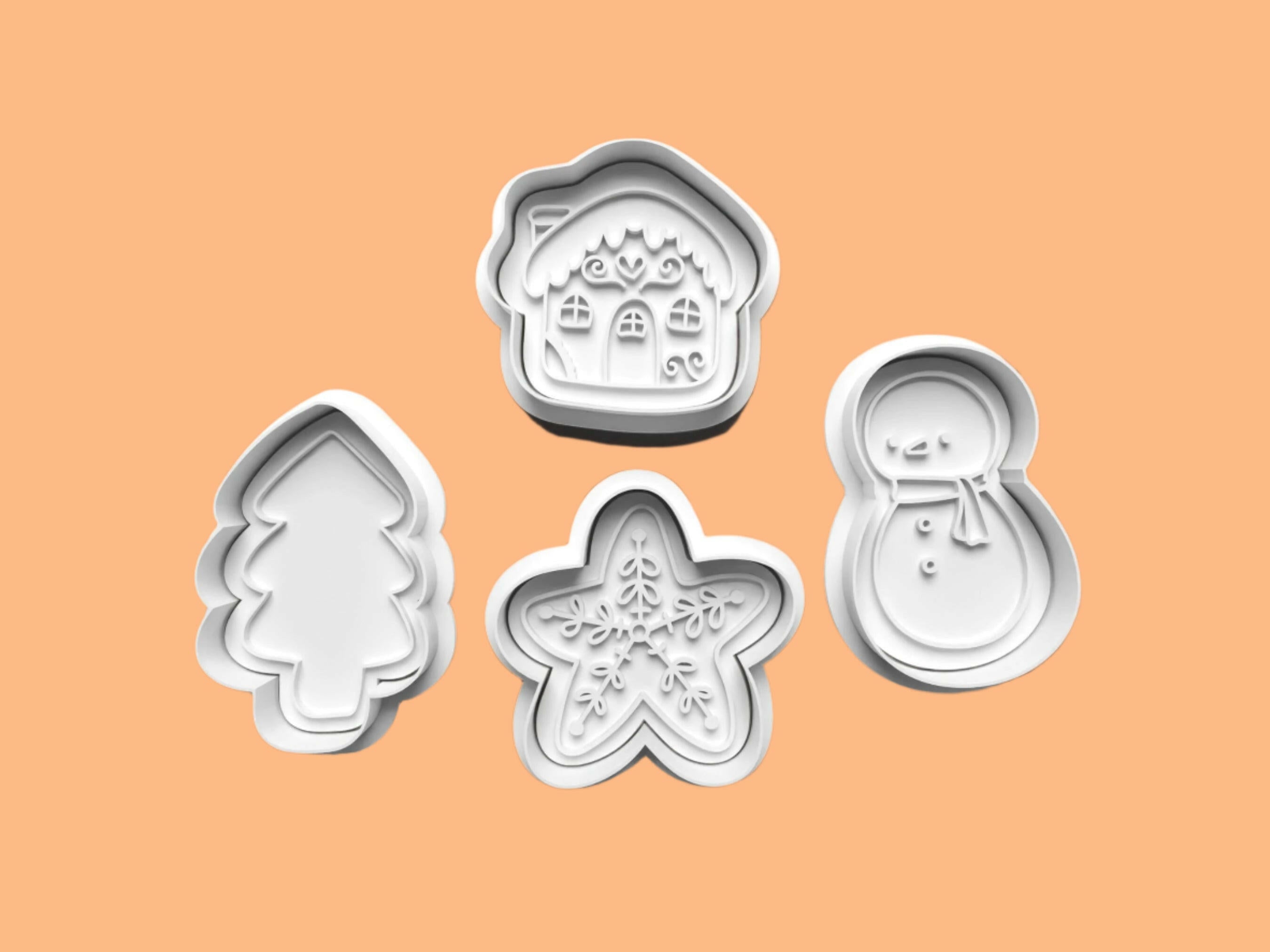 Christmas Scene Embosser and Cookie Cutter Set – Snowman, Tree, Star, and Gingerbread House.