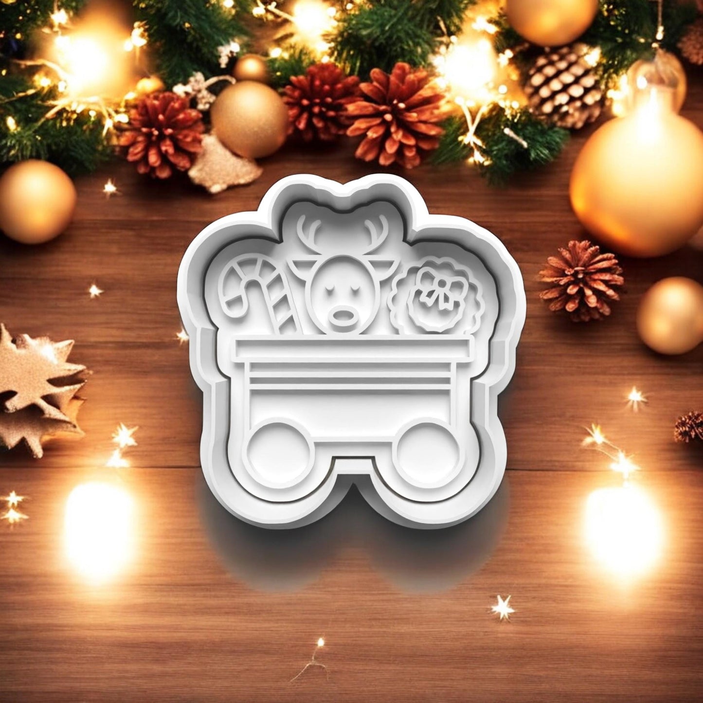 Father Christmas Train and Carriages Cookie Cutter and embosser stamp set.