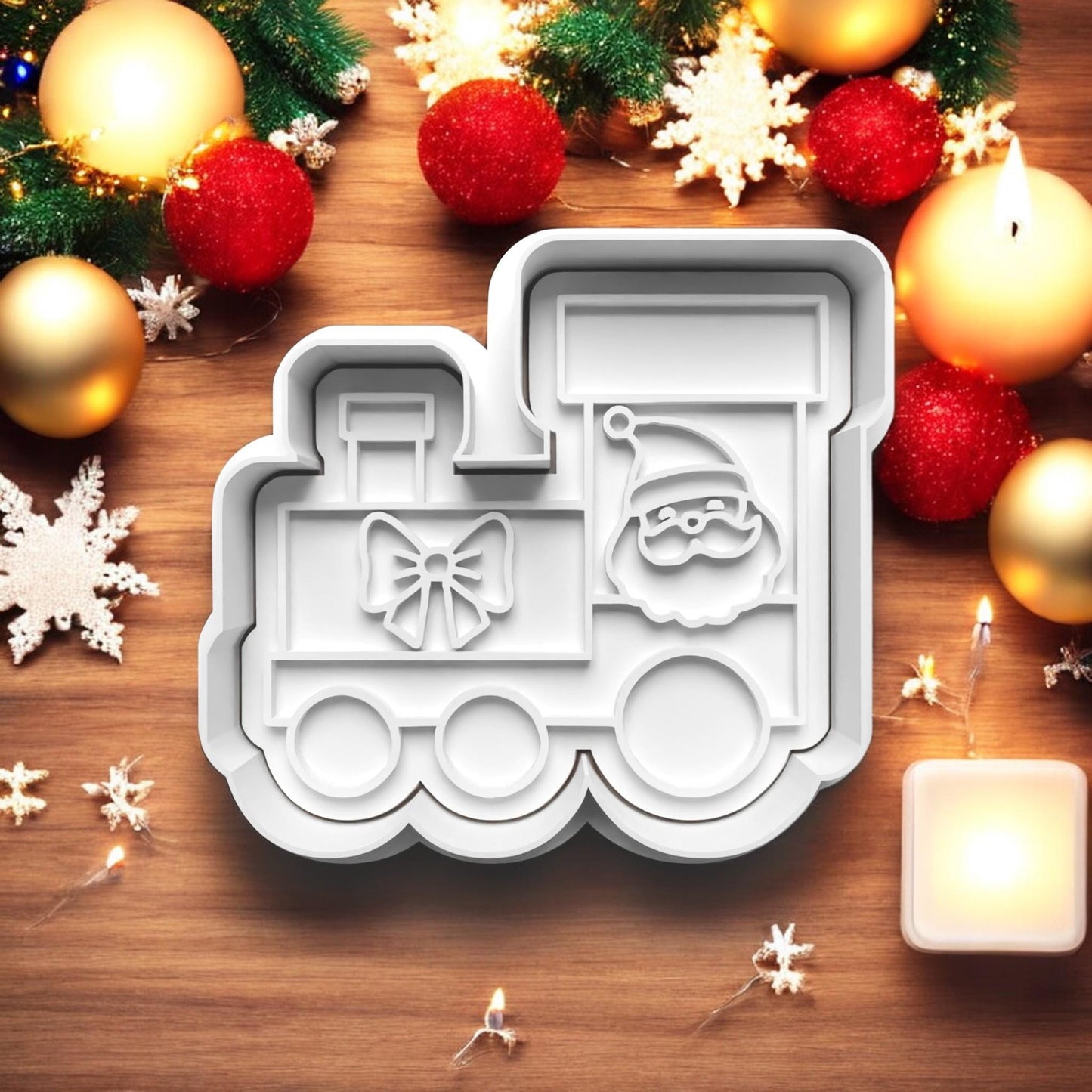 Father Christmas Train and Carriages Cookie Cutter and embosser stamp set.