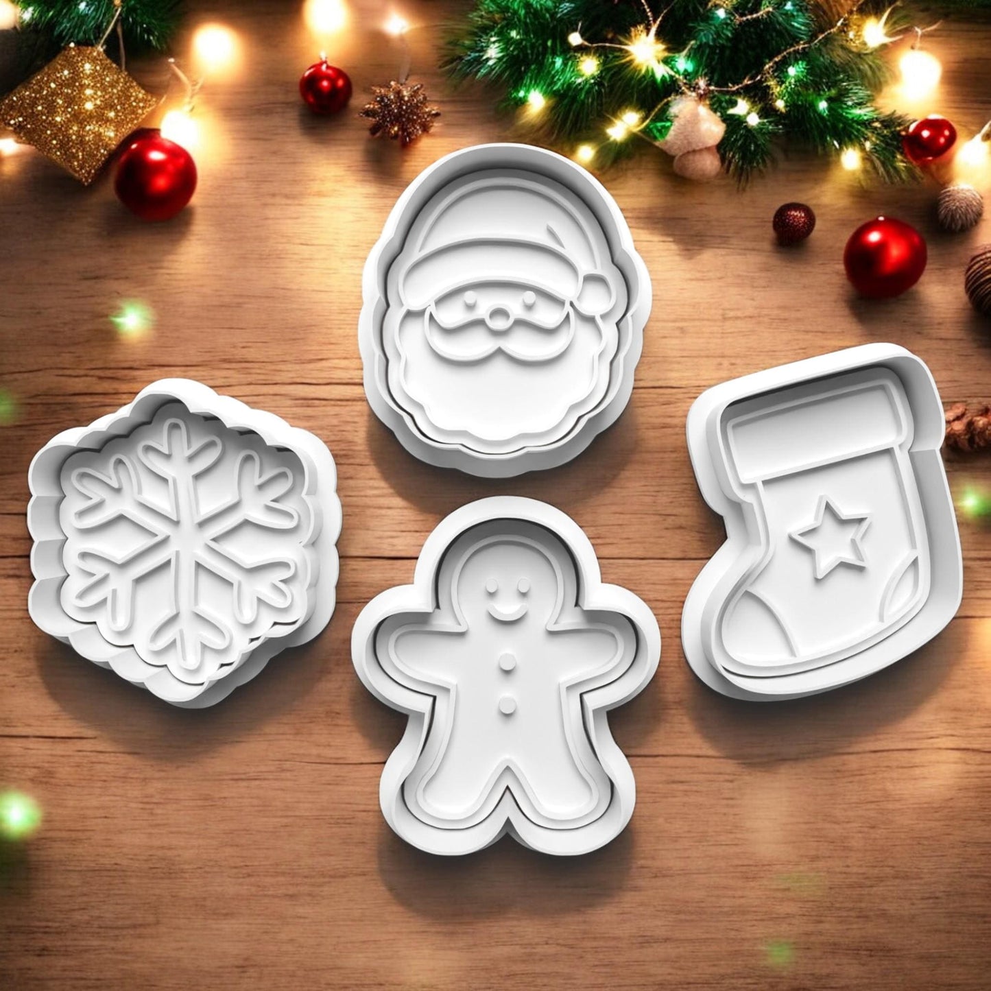 Father Christmas Gingerbread Man Stocking and Snowflake Cookie Cutter and embosser stamp set.