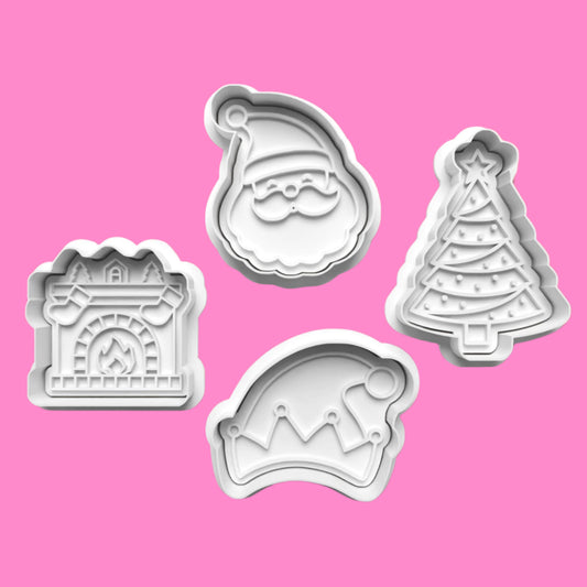 Father Christmas Fireplace Tree Elf Hat Cookie Cutter and embosser stamp set.