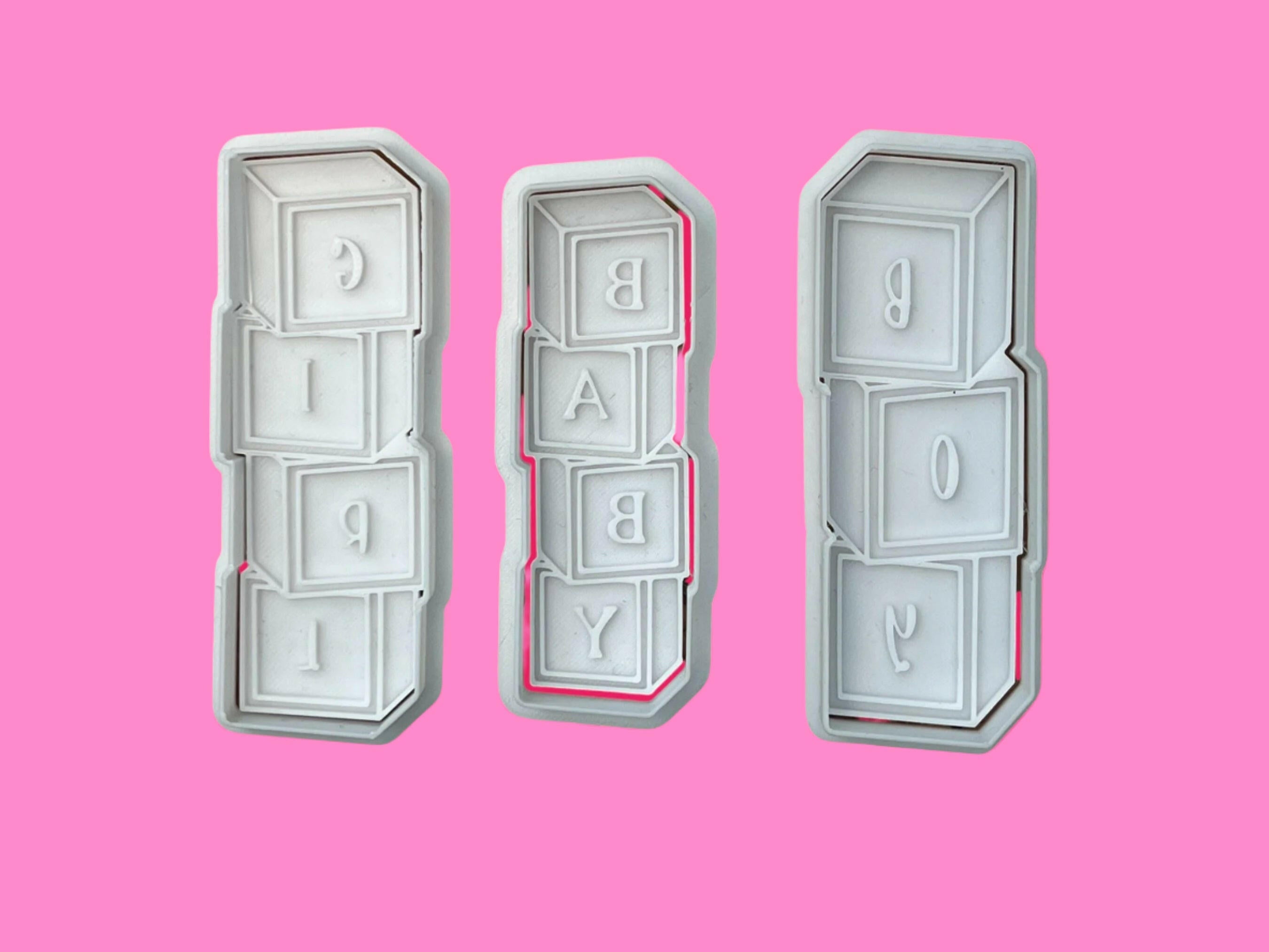 Baby Block Embosser and Cookie Cutter Set – "Baby" "Girl" and "Boy" Designs, 10 cm.