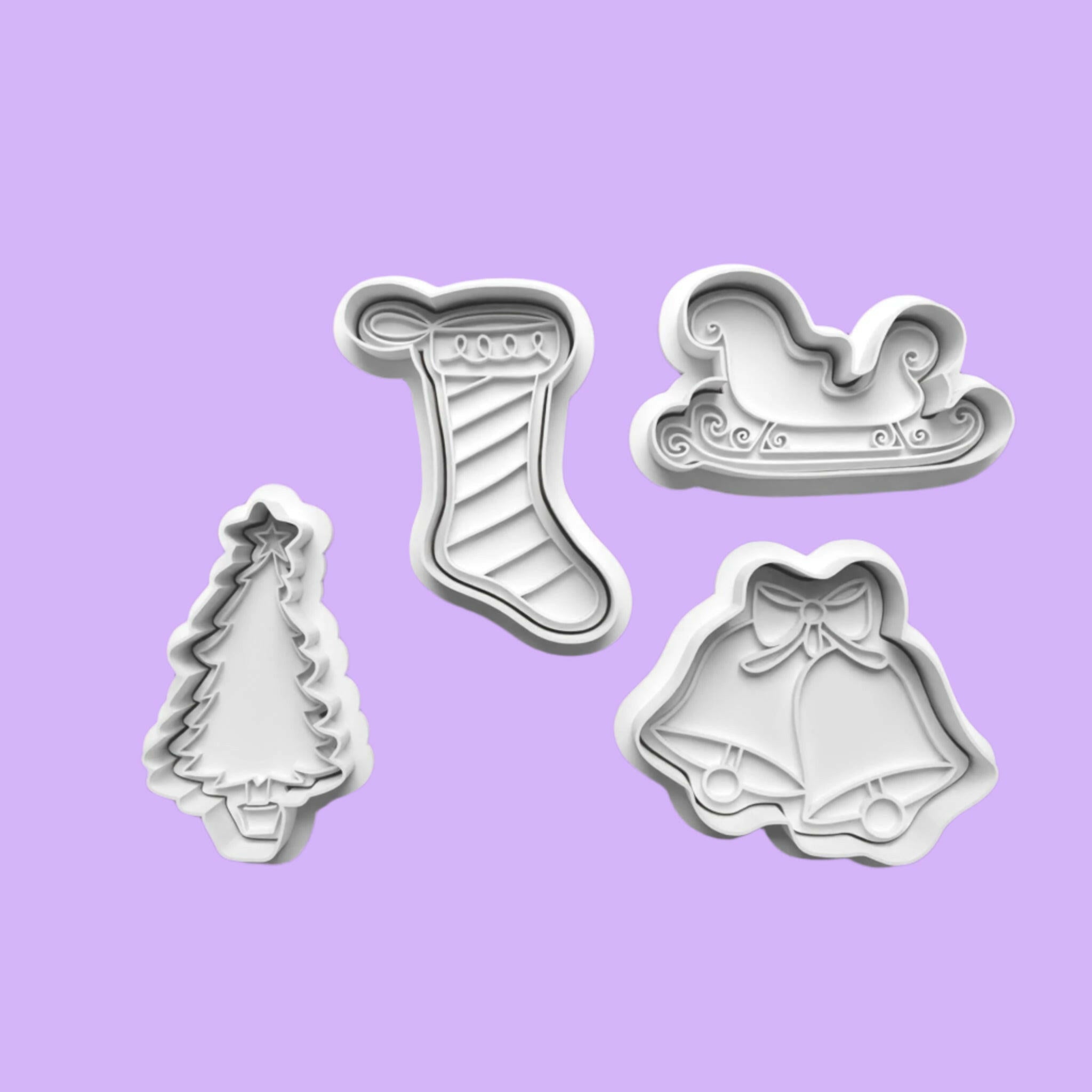 Christmas Stocking Sleigh Bells Tree Cookie Cutter and embosser stamp set..