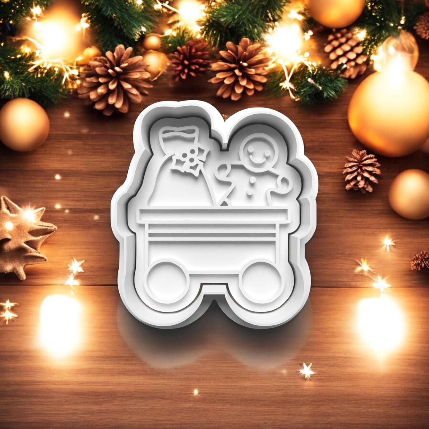 Father Christmas Train and Carriages Cookie Cutter and embosser stamp set.